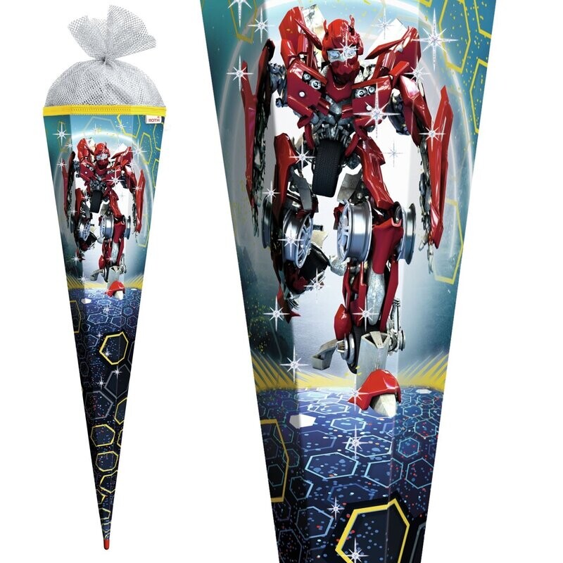 Zuckertüte / Schultüte ROTH, Dynamic Robot, 85 cm, eckig, Silbertüll, Folie