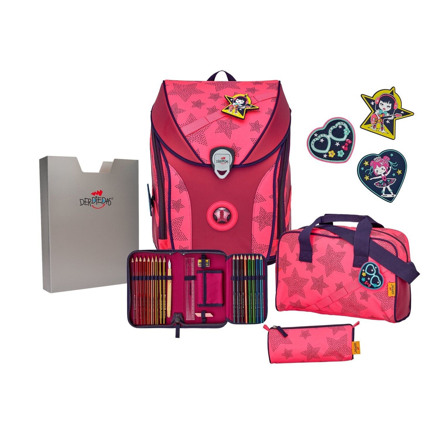 DerDieDas ErgoFlex MAX Superflash, EXCLUSIV, Schulranzen-Set 5-teilig, Neon Star + GRATIS Warnweste / Warnkragen