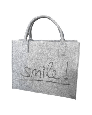 Tasche in Filz-Optik, "Smile", einfarbig grau, Text einseitig, mit Standfüßen