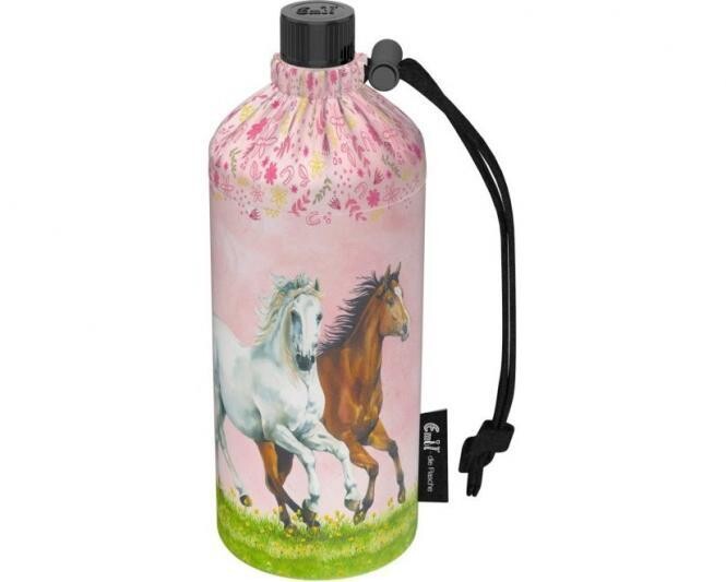 EMIL - Trinkflasche aus Glas im Set, 3-teilig mit Thermobehälter und Flaschenbeutel "Pferdefreunde", (0,3l / 0,4l oder 0,6l), personalisierbar, Größe: 0,3 Liter