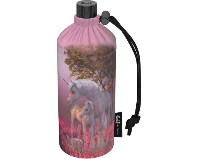 EMIL - Trinkflasche aus Glas im Set, 3-teilig mit Thermobehälter und Flaschenbeutel "Einhorn", ( 0,4l oder 0,6l) personalisierbar, Größe: 0,4 Liter