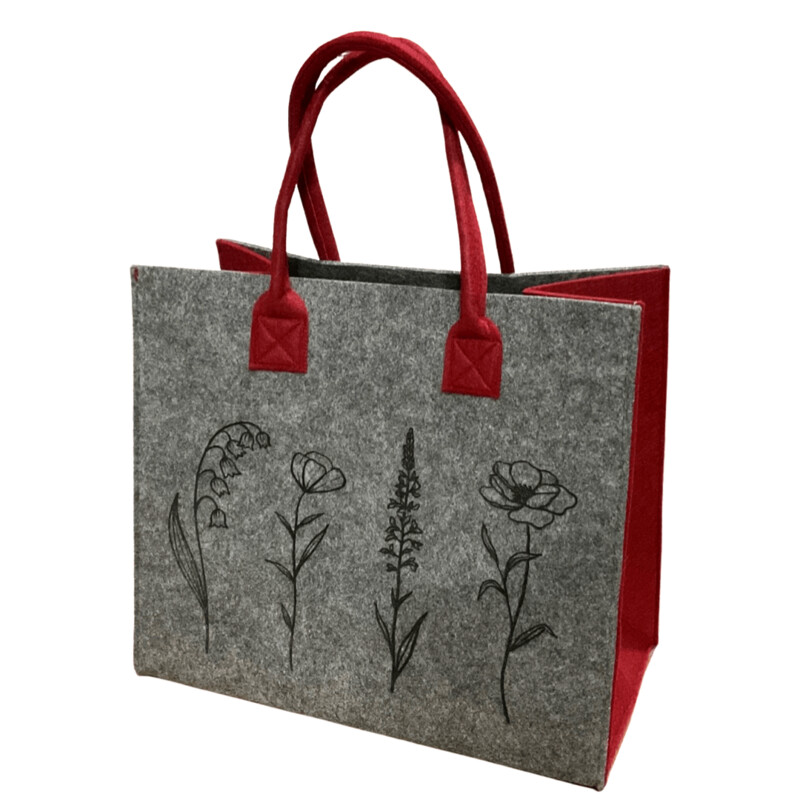 Tasche in Filz-Optik mit Standfüßen, 3D-"Blumen", weinrot/grau (35cm)