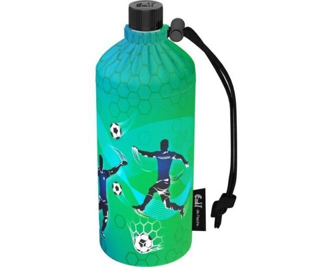 EMIL - Trinkflasche aus Glas im Set, 3-teilig mit Thermobehälter und Flaschenbeutel "Goal" (Fußball), (0,4l) personalisierbar