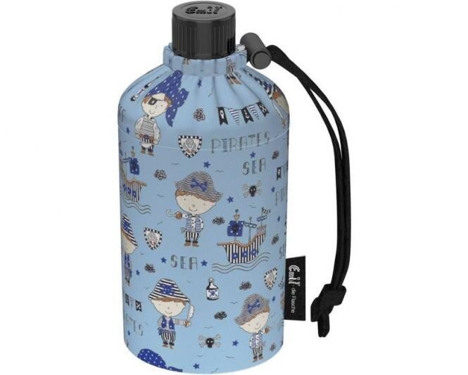 EMIL - Trinkflasche aus Glas im Set, 3-teilig mit Thermobehälter und Flaschenbeutel "Pirat", (0,3l oval)