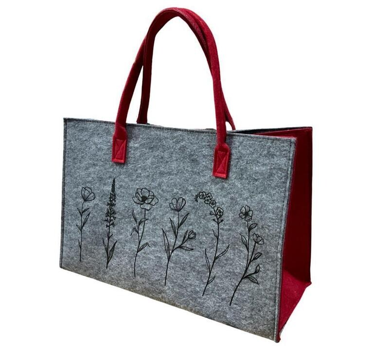 Tasche  in Filz-Optik
 mit Standfüßen, 3D-"Blumen", weinrot/grau, 45cm