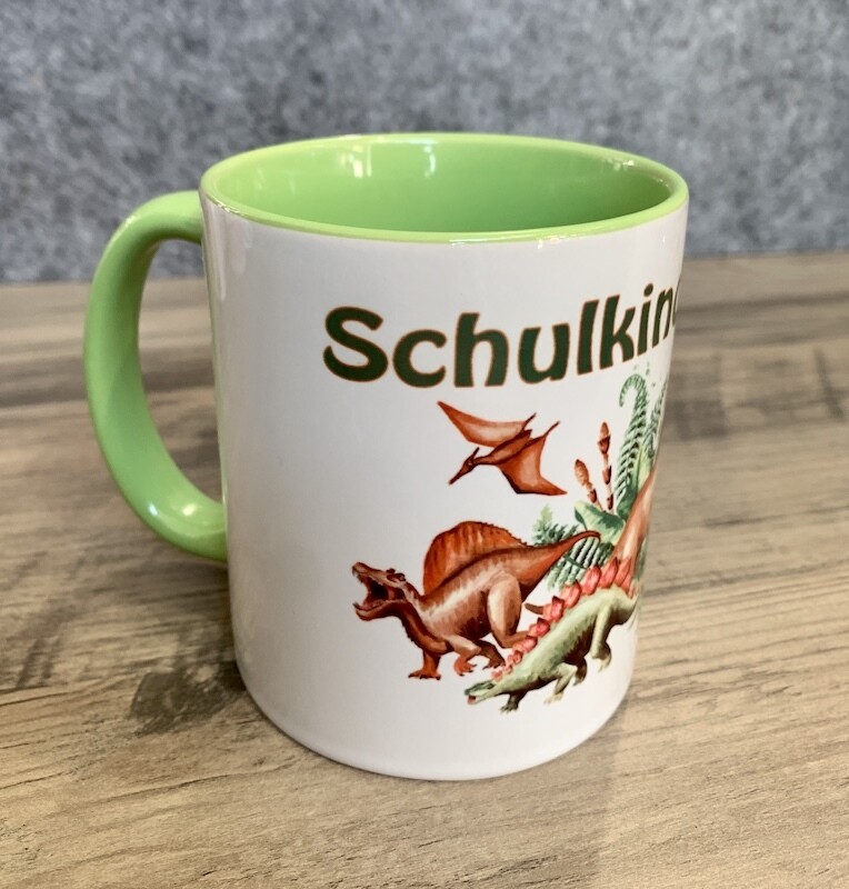 Tasse aus Keramik grün/weiß, 330ml, "Schulkind 2023" Dinosaurier