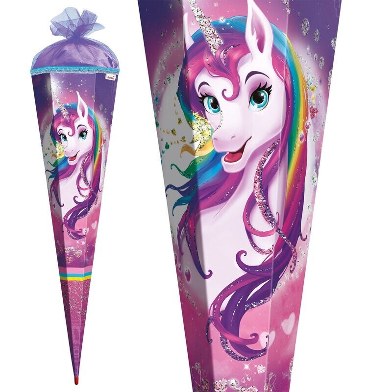 Zuckertüte / Schultüte ROTH, Einhornportrait, 85 cm, 6-eckig,  Tüll, Glitter