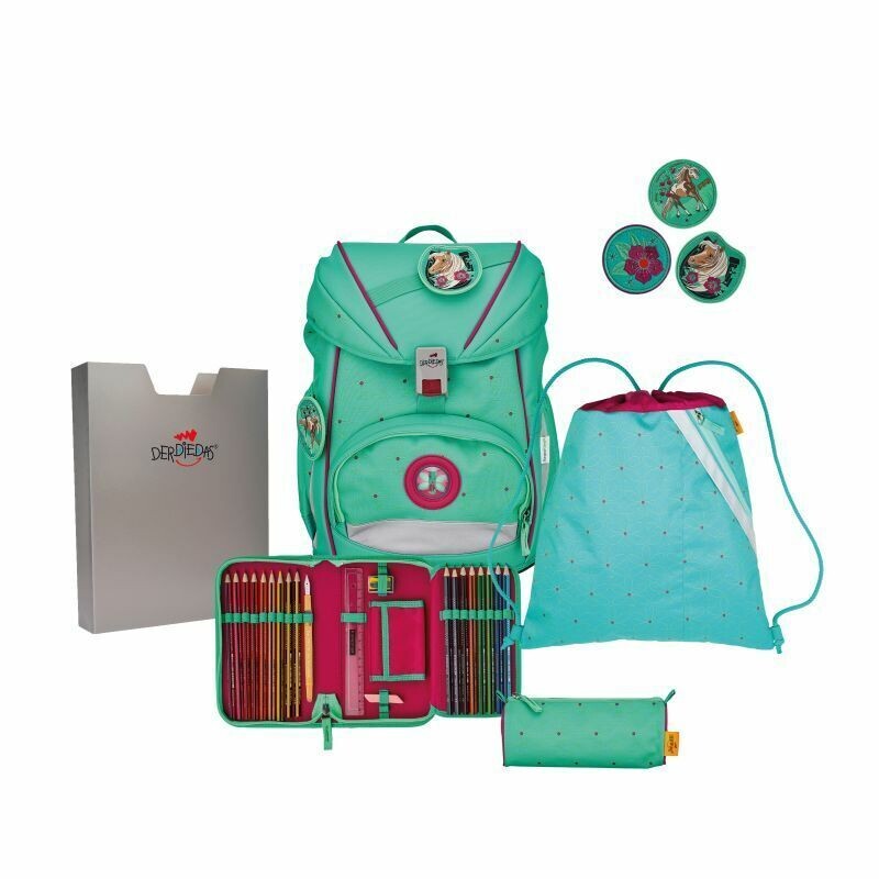 DerDieDas ErgoFlex BUTTONS, Peppermint Pony Schulrucksack/Schulranzen Set 5tlg. - Der Flexible! + GRATIS Warnweste / Warnkragen