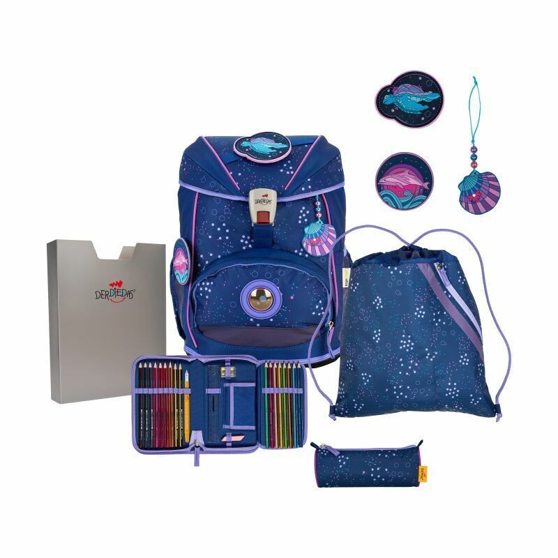 DerDieDas ErgoFlex BUTTONS, Deep Ocean Schulrucksack/Schulranzen Set 5tlg. - Der Flexible! + GRATIS Warnweste / Warnkragen