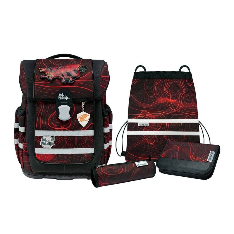 McNeill Ergo Complete 5 tlg. Schulranzen-Set, DRACHE + GRATIS Warnweste / Warnkragen