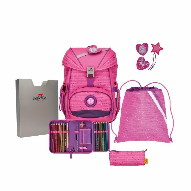 DerDieDas ErgoFlex BUTTONS, Pretty Unicorn Schulrucksack/Schulranzen Set 5tlg. - Der Flexible! + GRATIS Warnweste / Warnkragen