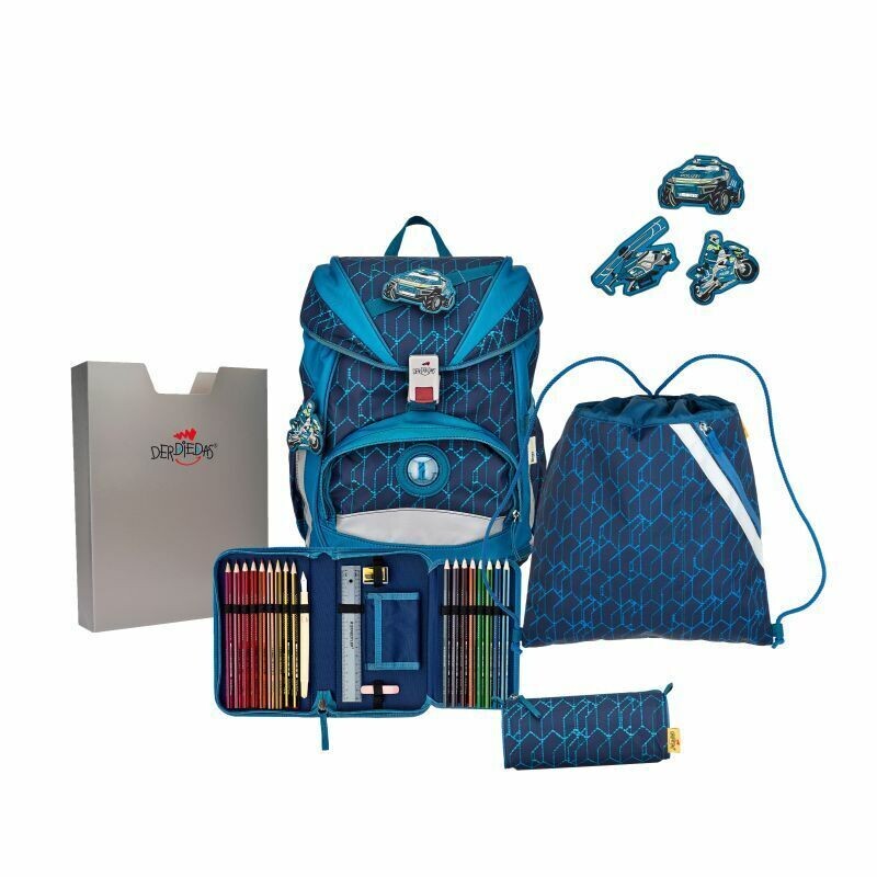 DerDieDas ErgoFlex BUTTONS, Blue Speed Schulrucksack/Schulranzen Set 5tlg. - Der Flexible! + GRATIS Warnweste / Warnkragen