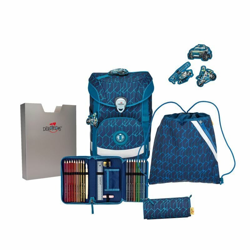 DerDieDas, ErgoFlex Easy BUTTONS, Schulranzen-Set 6-teilig, Blue Speed + GRATIS Warnweste / Warnkragen