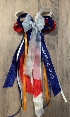 Schmuckschleife XL, rot/blau/orange, für Zuckertüte, Bänder personalisierbar