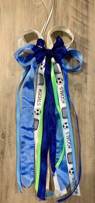 Schmuckschleife XL, blau/weiß/Fußball, für Zuckertüte, Bänder personalisierbar