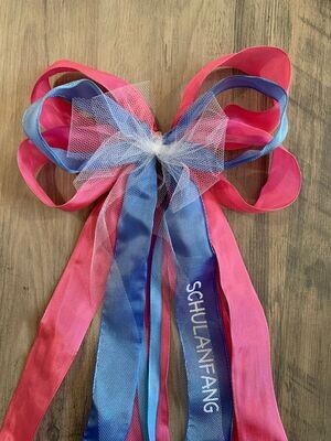 Schmuckschleife XL, für Zuckertüte, blau/pink mit Bändern, personalisiert, Glitzerschrift