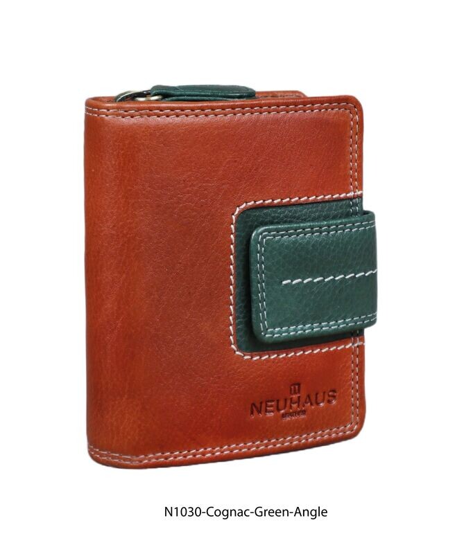 Neuhaus Damen-Reißverschluss-Börse mit Riegel Midi Leder Cognac/Dunkelgrün Neuhaus Damen-Reißverschluss-Börse mit Riegel Midi Leder Cognac/Dunkelgrün