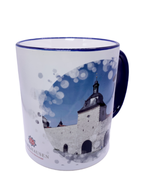 Tasse aus Keramik, blauer Rand/Griff, Motiv Stadt Mühlhausen Rabenturm / Inneres Frauentor