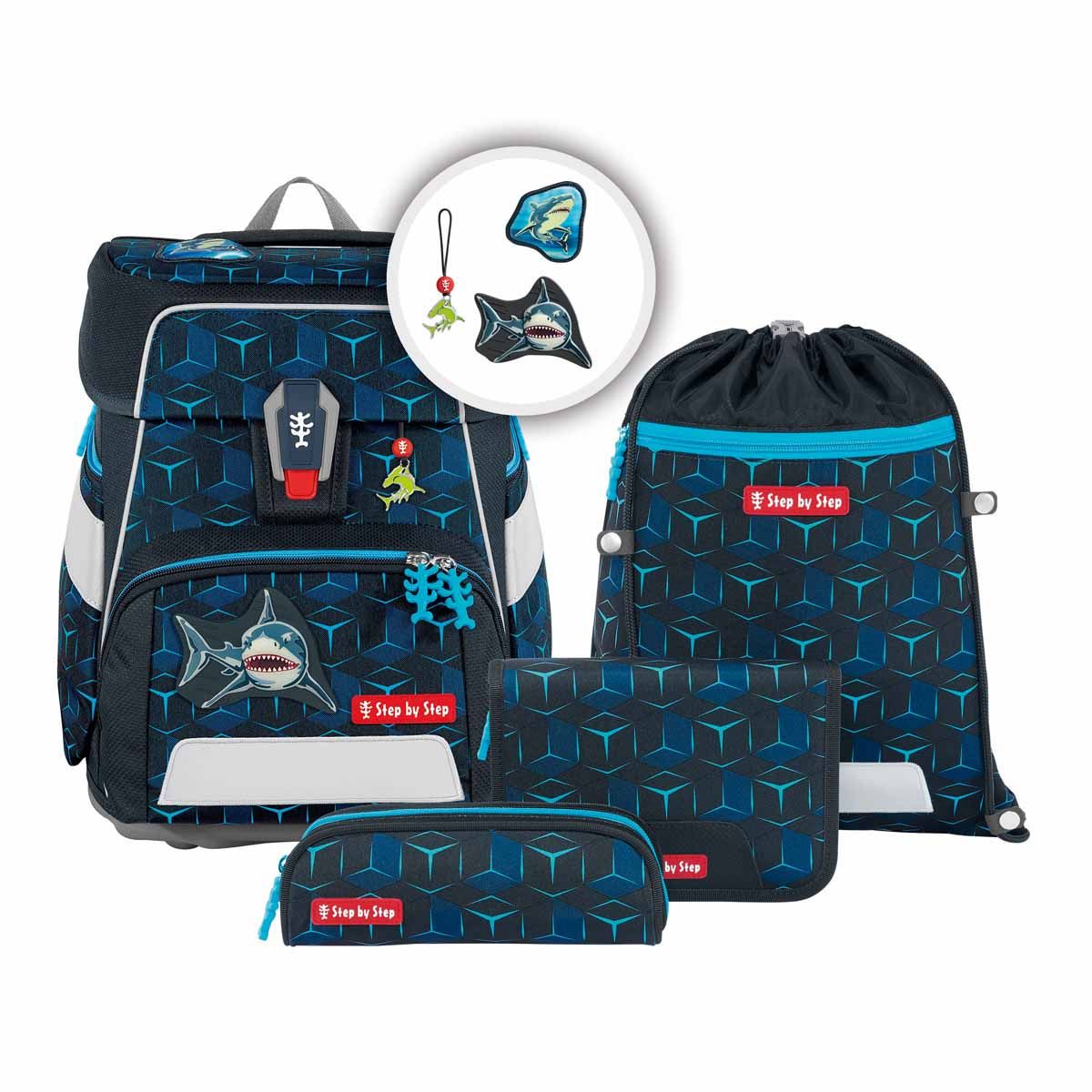 Step by Step, Space SHINE, Schulranzen-Set, 5 teilig, + GRATIS Warnweste / Warnkragen, SHARK DEXTER