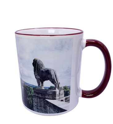 Tasse aus Keramik weiß, roter Griff/Rand Motiv Stadt Mühlhausen, Mühlhäuser Löwe Tasse aus Keramik weiß, roter Griff/Rand Motiv Stadt Mühlhausen, Mühlhäuser Löwe