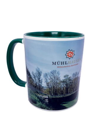 Tasse weiß aus Keramik, grüner Griff/Innenseite, Motiv Stadt Mühlhausen Hoher Graben Tasse weiß aus Keramik, grüner Griff/Innenseite, Motiv Stadt Mühlhausen Hoher Graben