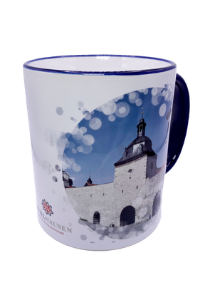 Tasse aus Keramik, blauer Rand/Griff,  Motiv Stadt Mühlhausen Rabenturm / Inneres Frauentor