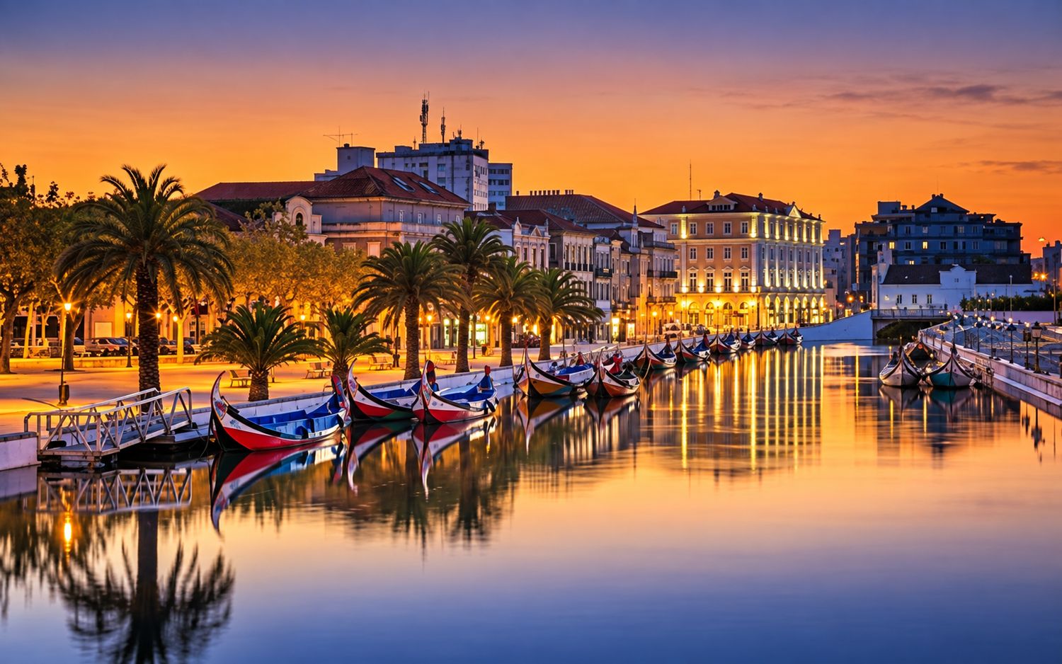 Aveiro, Costa Nova & Coimbra Private Tour Moliceiro boats on the central canal of Aveiro at sunset; digitally enhanced image.