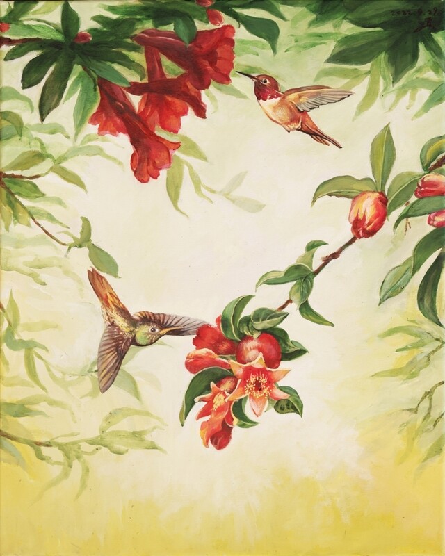 Pomegranate Blossom and Hummingbirds 石榴花蜂鸟