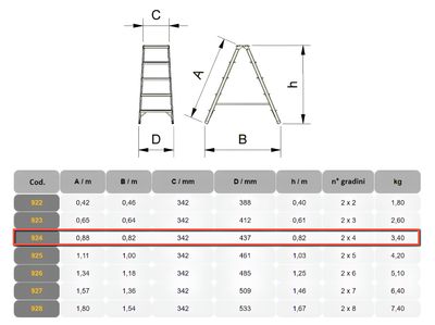 Scala in alluminio a doppia salita 3 gradini + pedana   ALVE