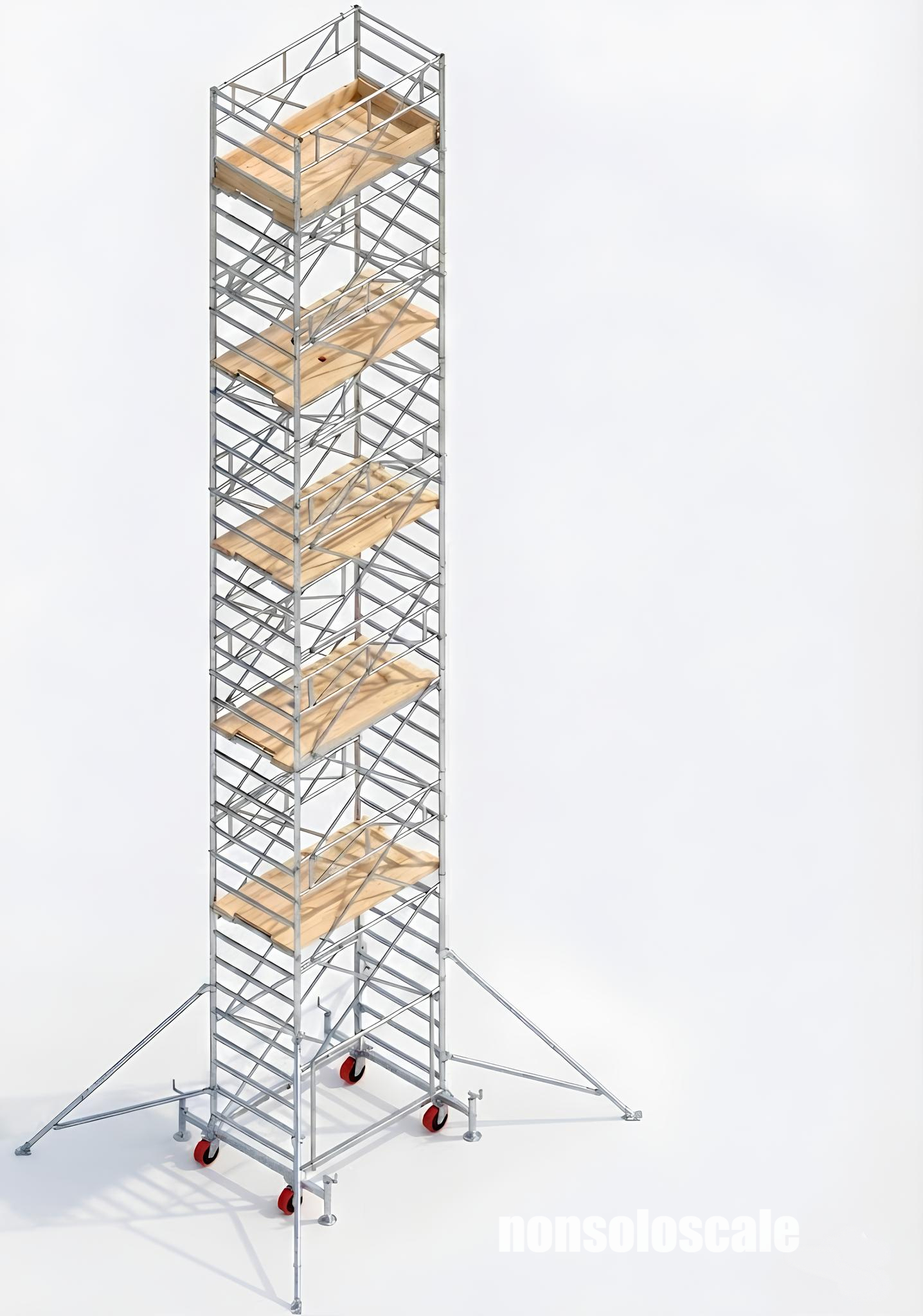 Trabattello professionale in alluminio con più piani di lavoro, stabilizzatori e ruote frenate
