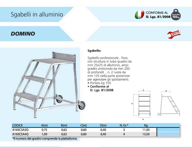 sgabello in alluminio DOMINO 3 gradini compreso pedana STP