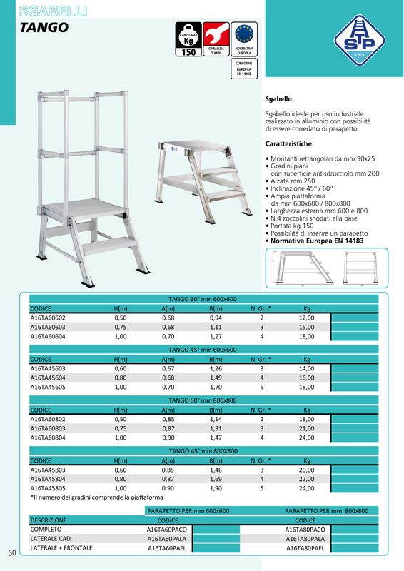 sgabello in alluminio 3 gradini TANGO rampa a 60° mm 800x800 STP