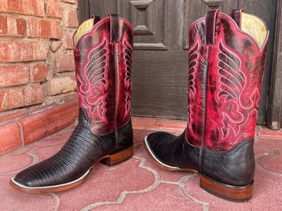 9.5D Men's Black Tejus Lizard Cowboy Boots (Closeout) Rodeo Toe