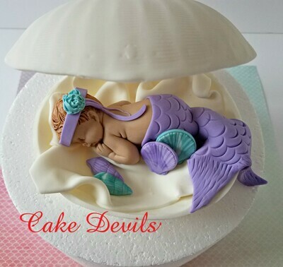 Mermaid in a Clam shell Baby Shower Cake Topper, Handmade of Fondant