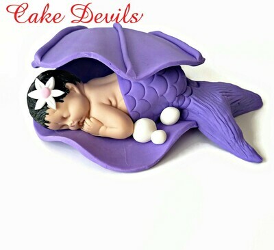 Mermaid Baby in a Waved Clam shell Baby Shower Cake Topper, Fondant Clam shell Cake Decoration