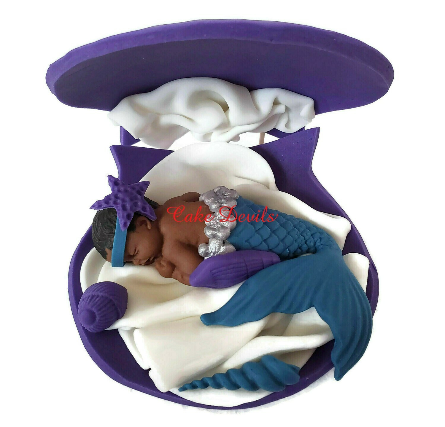 Mermaid Baby Shower Cake Topper Sleeping in a Large Fondant Shell
