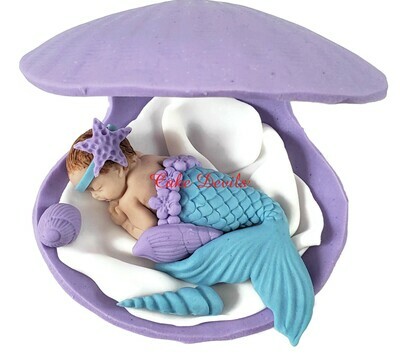 Mermaid Baby Shower Cake Topper Sleeping in a Large Fondant Shell