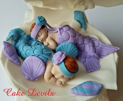 Twins Mermaid Baby Shower, Twin Fondant Mermaids in a Clam shell Cake Topper, Cake Decorations, Sleeping Baby Mermaid, Under the Sea cake