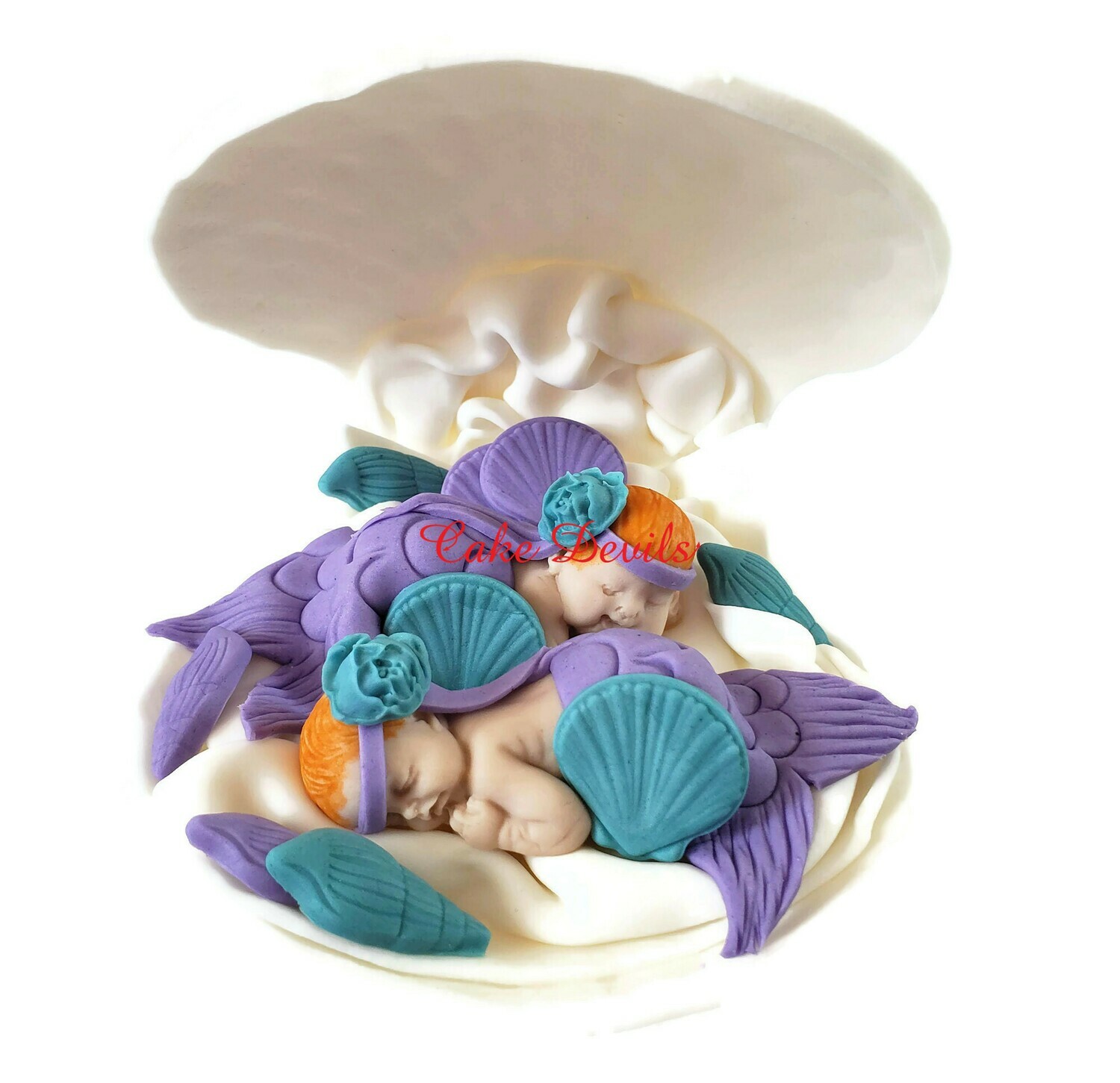 Twins Mermaid Baby Shower, Twin Fondant Mermaids in a Clam shell Cake Topper, Cake Decorations, Sleeping Baby Mermaid, Under the Sea cake