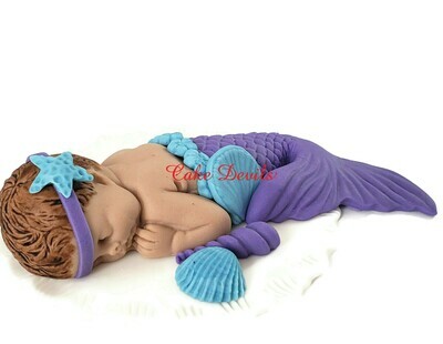 Mermaid Baby Shower Cake Topper, Fondant  Sleeping Baby mermaid with shells Cake Decoration