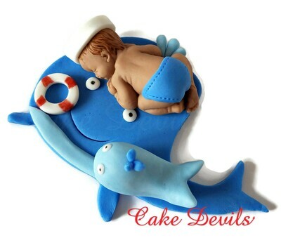 Whale Baby Shower Fondant Sleeping Baby Cake Topper for Ocean, Sea, Nautical, or Sailor baby shower