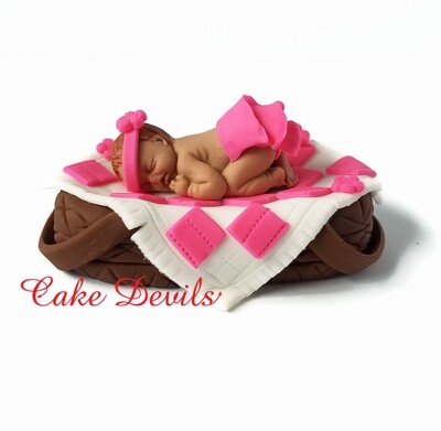 Fondant Baby in a Picnic Basket Baby Shower Cake Topper perfect for a BBQ, Babyque, babyq, or picnic shower