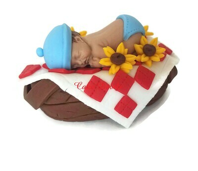 Fondant Baby in a Picnic Basket Baby Shower Cake Topper perfect for a BBQ, Babyque, babyq, or picnic shower