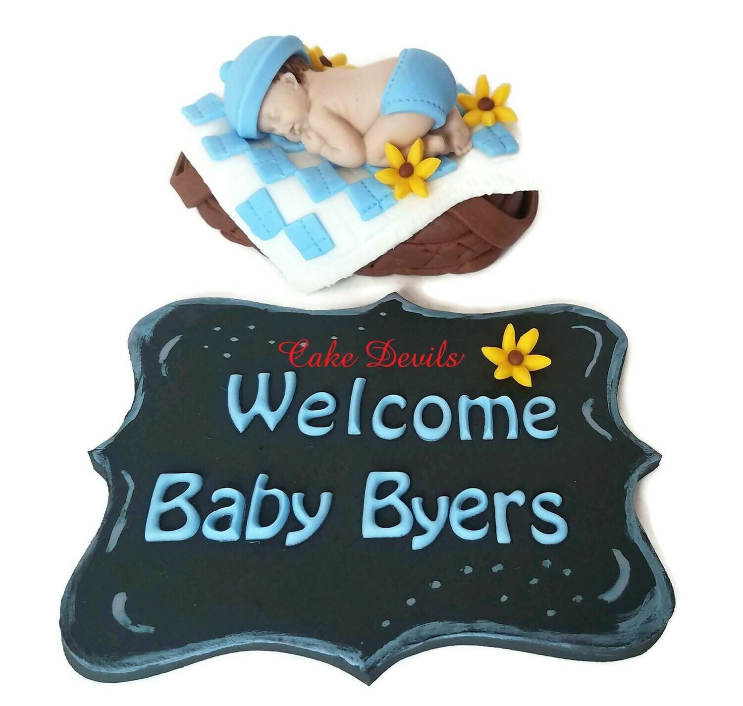 Fondant Baby in a Picnic Basket Baby Shower Cake Topper and Chalkboard Fondant Plaque