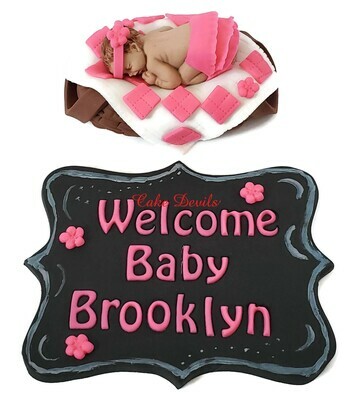 Fondant Baby in a Picnic Basket Baby Shower Cake Topper and Chalkboard Fondant Plaque