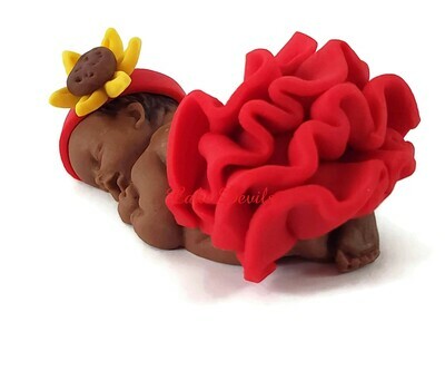 Fondant Baby Girl with big Ruffle skirt, Sunflower headband Baby Shower Cake Topper