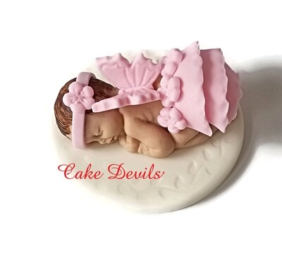 Fondant Baby girl baby shower Cake Topper, Pink Ruffled skirt, Angel Wings and Flower