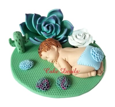 Succulent Baby Shower Cake Topper, Fondant Cactus Sleeping baby Cake Decorations, Rustic Desert Rose Garden
