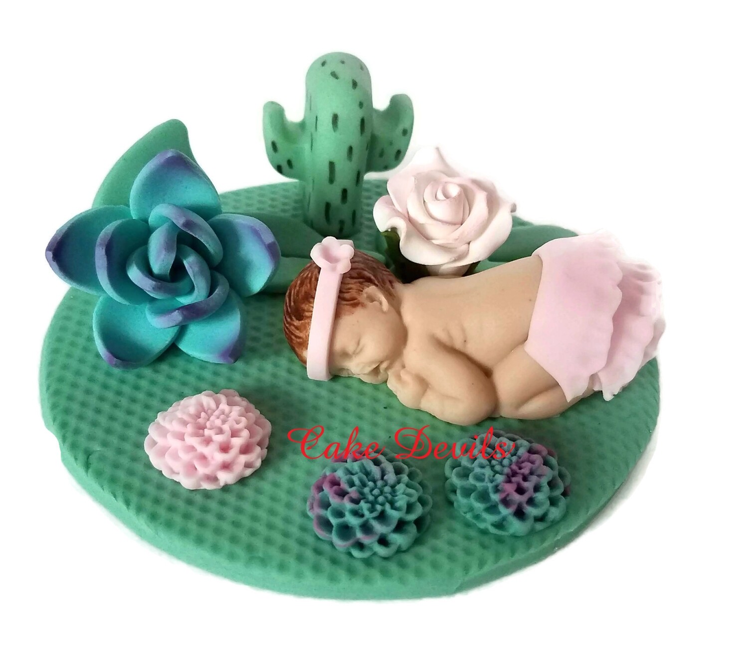 Fondant Cactus Rose and Succulent Baby Shower Cake Topper, Sleeping baby Cake Decorations, Rustic Desert Rose Garden