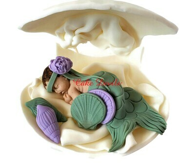 Mermaid in a Clam shell Baby Shower Cake Topper, Handmade of Fondant